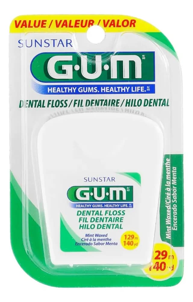 GUM - Hilo Dental Encerado Sabor Menta, con Flúor, Resistente al Deshilachado, Limpieza Profunda entre Dientes y Encías, 129 m