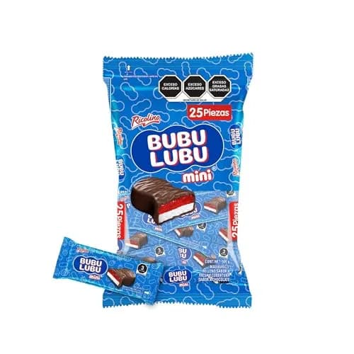 Mini Bubulubu, malvavisco relleno sabor a fresa y cobertura sabor a chocolate 25 piezas de 20 gramos