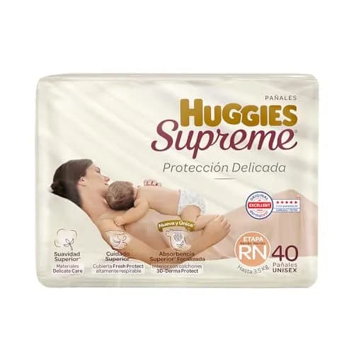 Pañal Huggies Supreme, unisex con 40 pzs, etapa Recién Nacido, para bebés de hasta 3.5 kg. Único