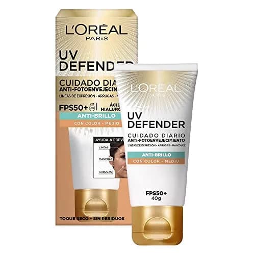 L'Oréal Paris Protector Solar Diario FPS50+ UV Defender Anti-Brillo Tono Medio, 40ml