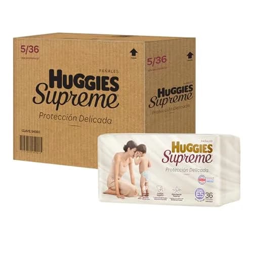 Pañal Huggies Supreme, unisex con 36 pzs, etapa 5, para bebés de hasta 11 a 14.5 kg. Único clinica