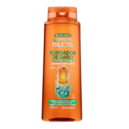 Garnier Fructis Borrador de Daño Control Grasa Shampoo 650ml para Cabello Dañado y Raíces Grasas