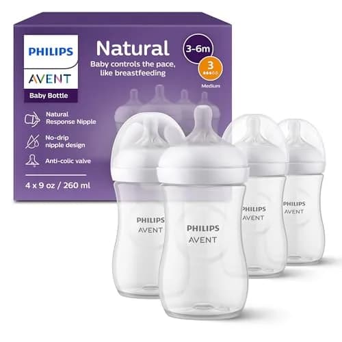Philips Avent Biberón Natural Response con válvula anticólicos│9oz/260 ml│Flujo 3 Medio│4 piezas│SCY903/04