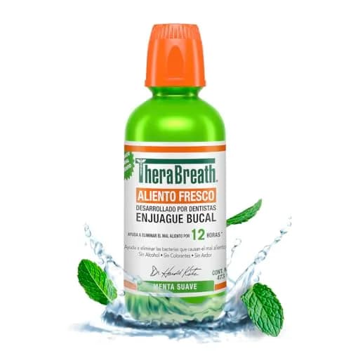 TheraBreath Enjuague Bucal sin Alcohol, Menta Suave 473 ml. Combate el Mal Aliento por 12 Horas