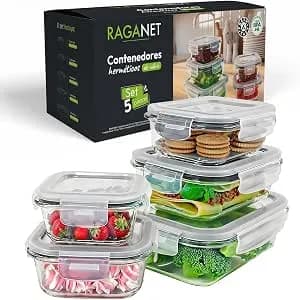 Raganet, Set De 5 Contenedores De Vidrio Herméticos Para Alimentos, Toppers