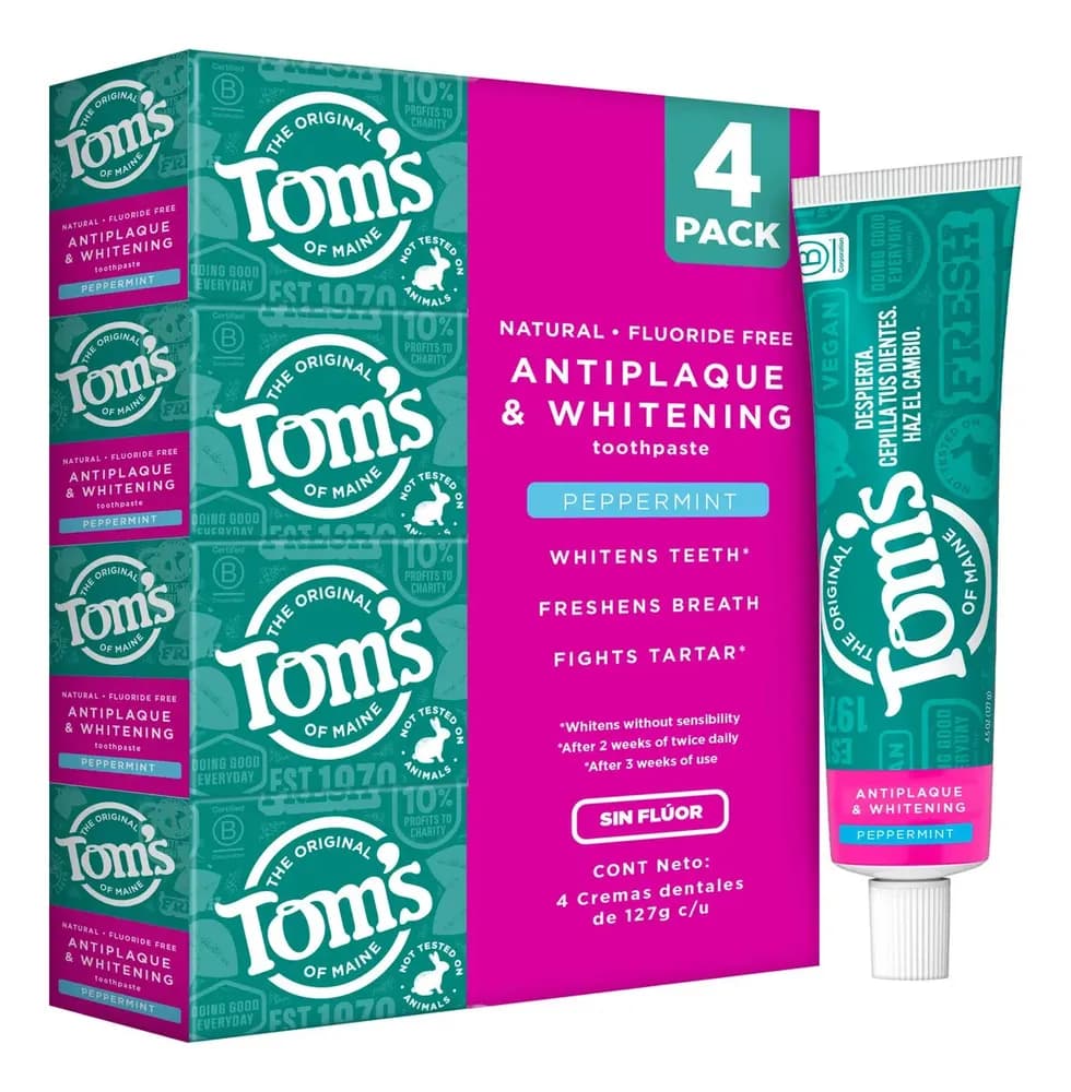 Pack x4 Pasta Dental Blanqueadora Tom's of Maine sin Fluór Blanqueadora Antiplaca. Combate la Formación de Sarro. Dientes más Blancos con Ingredientes Naturales
