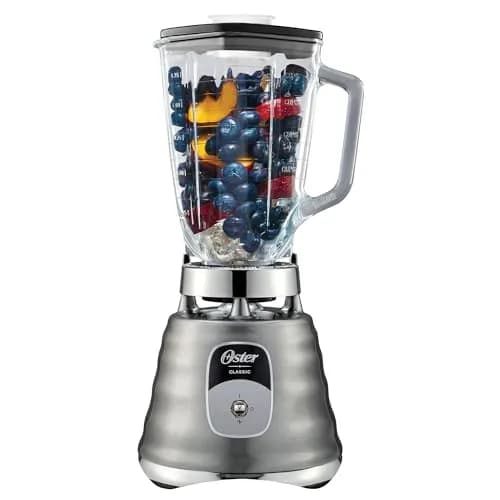 Oster Licuadora Clásica, con 2 Velocidades, y Vaso de Vidrio Refractario Boroclass, Cromada, BLST4127